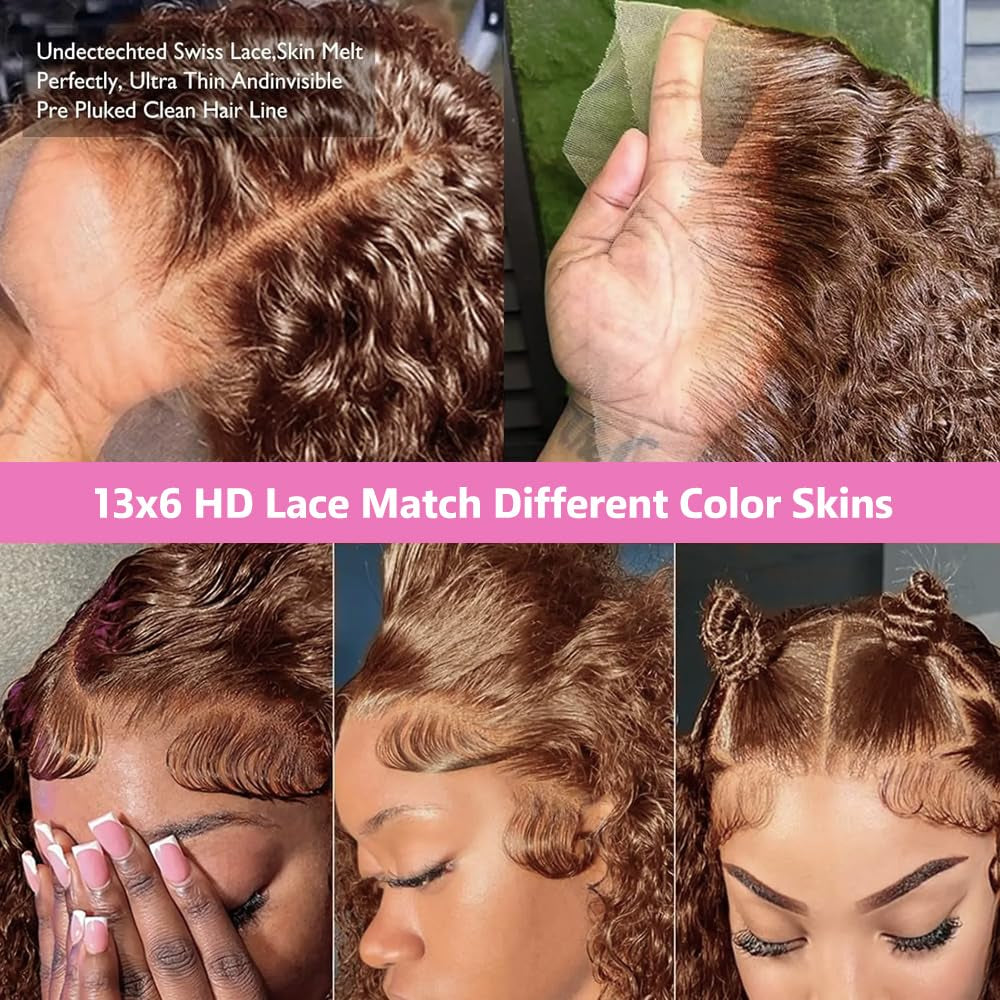 30Inch Chocolate Brown Human Hair Wig 200 Density 13X6 HD Deep Wave Lace Front Wigs Human Hair Colored Deep Curly Lace Frontal Wigs Glueless Wig Brown Wig Wigs for Women