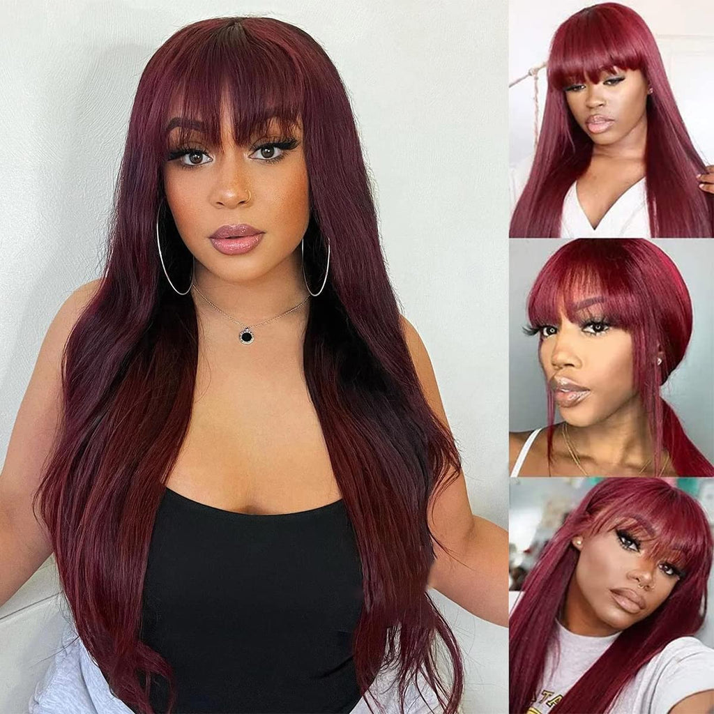 26" Burgundy Human Hair Wig with Bangs – Brazilian Virgin Straight Hair, Full Machine-Made Non-Lace Wig
