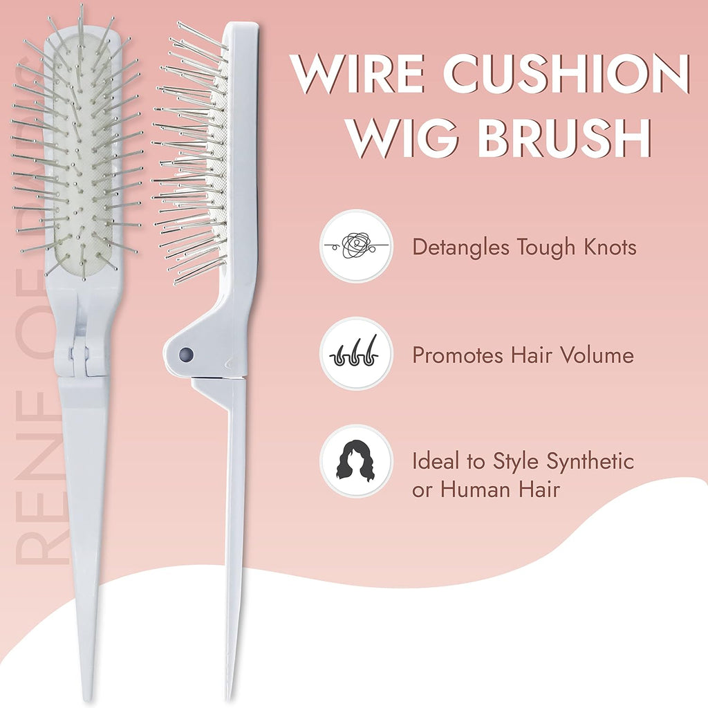 For a cleaner, professional Shopify product title, I’d use: Foldable Cushion Wig Brush – Portable Wire Bristle Detangling & Styling Tool for Wigs & Extensions