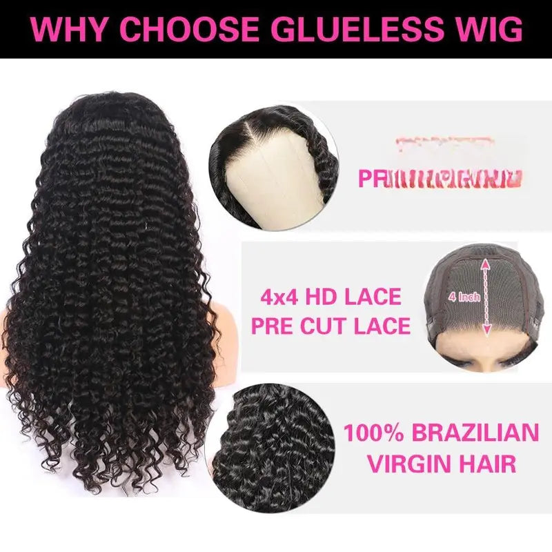 Wear and Go Glueless Wigs Human Hair Pre Plucked Pre Cut Lace 200 Density 4X4 Curly Wave Lace Front Wigs Human Hair Bleached Knots Closure Wigs for Black Women Human Hair