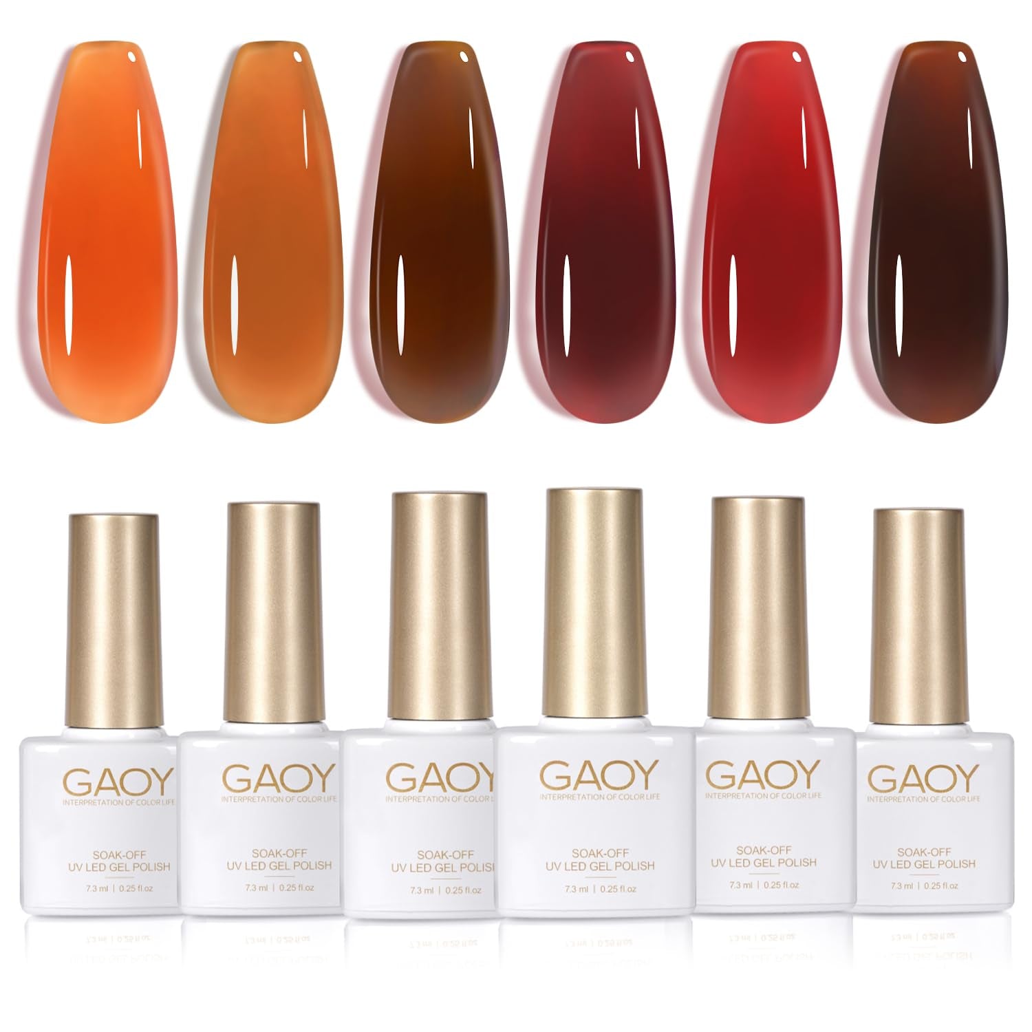 Jelly Tortoise Brown Gel Nail Polish Set, 6 Transparent Colors Dark Red Orange Pumpkin Soak off UV Light Cure Gel Polish Kit for Salon and Nail Art DIY at Home