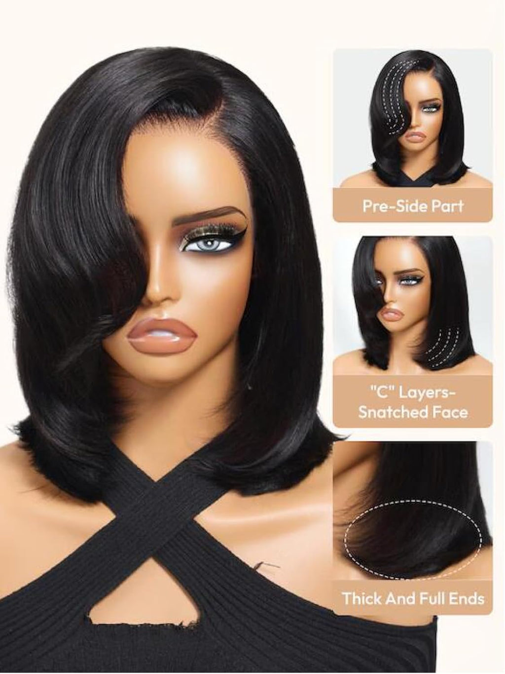 10 Inch Short Layered Bob Drawstring Wig Human Hair with Side Swept Bangs Bye Bye Knots 7X5 Lace Closure Glueless Wigs Human Hair Pre Plucked Pre Cut Read to Wear