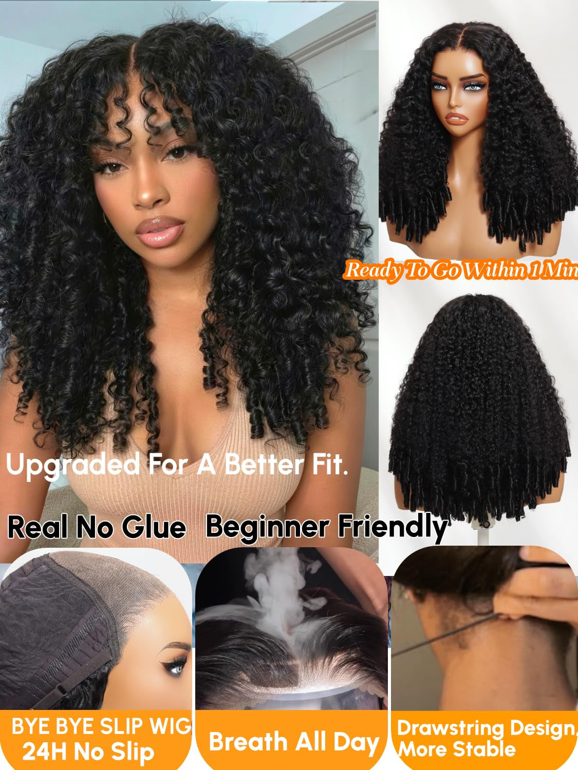 Burmese Curly Glueless Wigs Human Hair with Finger Coil 16” | No Slip Drawstring Wig 7X5 Bye Bye Knots Lace Closure for Women Beginners Pre Cut/Plucked/Bleached Ready to Go Natural Black