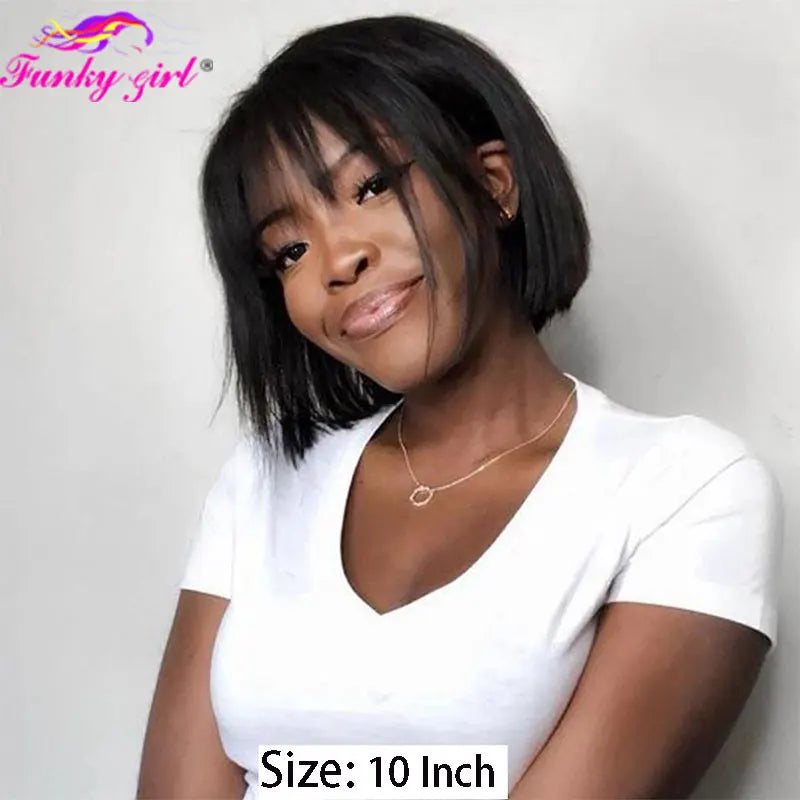 Straight Short Bob Human Hair Wigs with Bangs Natural Color Brazilian Human Hair Wigs Machine Made Wig for Women U Part Wigs