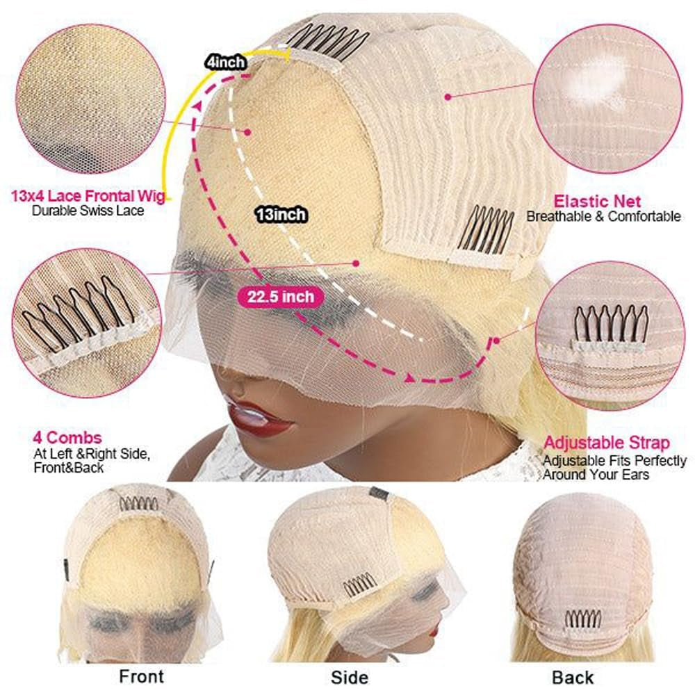 Blonde Bob Wig Human Hair Straight 613 Bob Wig Human Hair 12 Inch 180 Density 613 Blonde Suitable for All Hair Types 13X4 HD Transparent Lace Wigs for Women Glueless Wigs with Baby Hair