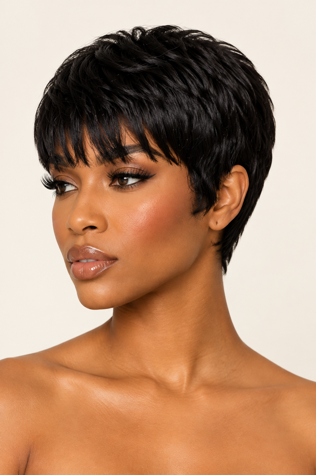 Three-quarter side profile of the short straight black human-hair bob pixie-cut wig