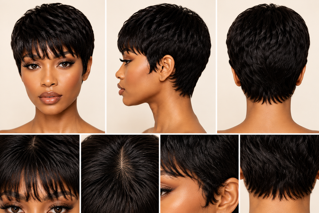 Close-up of the hairline, bangs, part, and texture on the short straight black bob pixie-cut wig