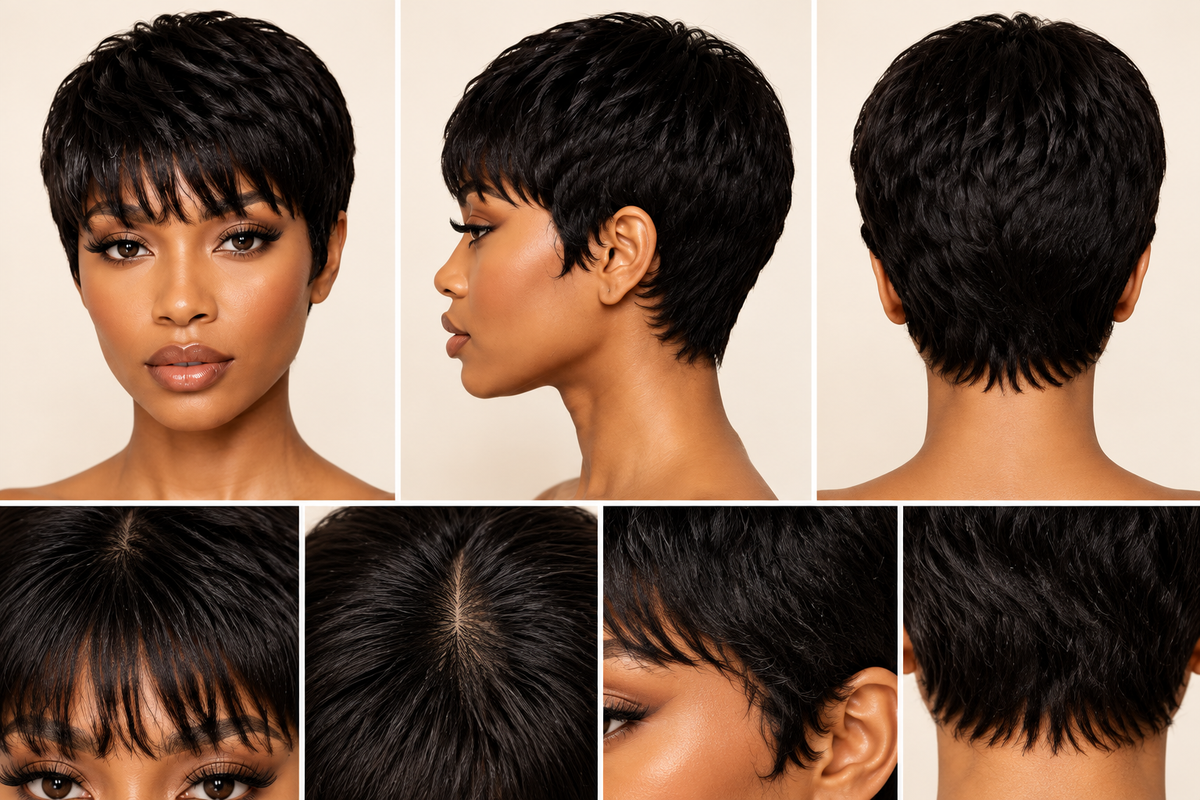 Close-up of the hairline, bangs, part, and texture on the short straight black bob pixie-cut wig