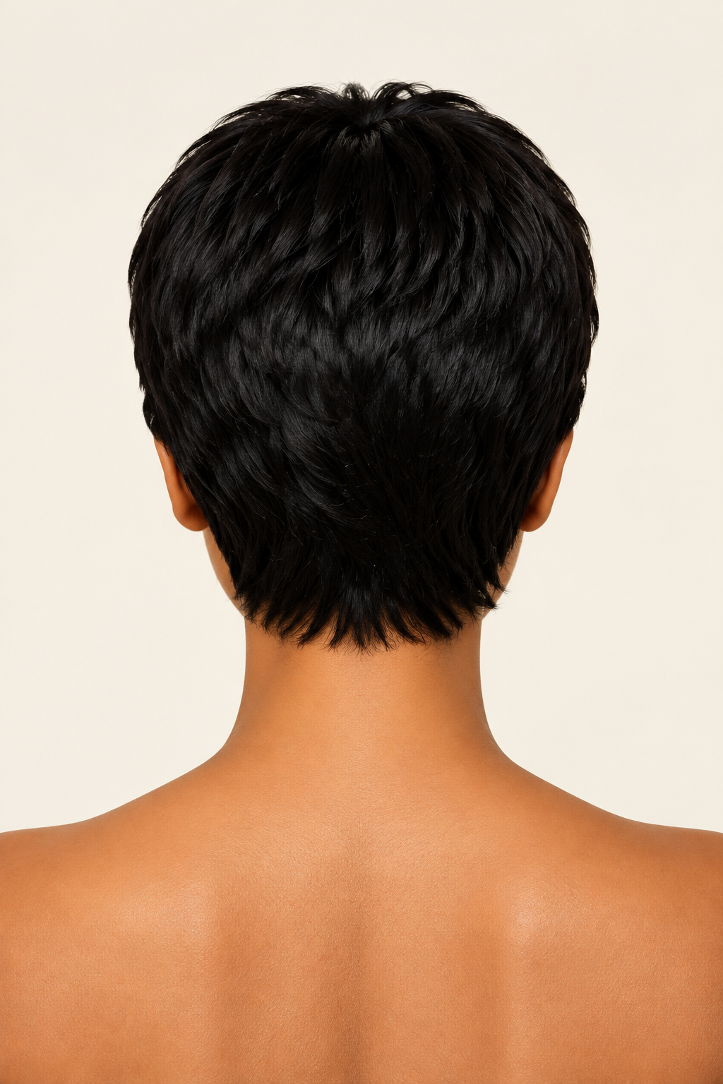 Back view of the short straight black human-hair bob pixie-cut wig