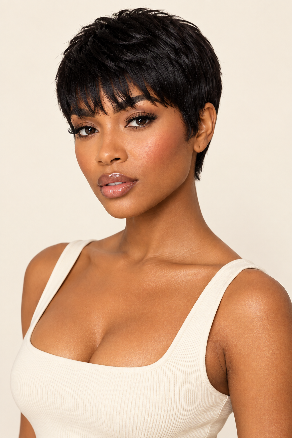 On-model view showing the shape and scale of the short straight black bob pixie-cut wig