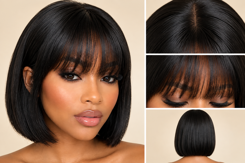 Anaya's Beauty Premium Straight Bob Human Hair Wig – Short Wear & Go Wig with Bangs, Natural Black, Machine-Made