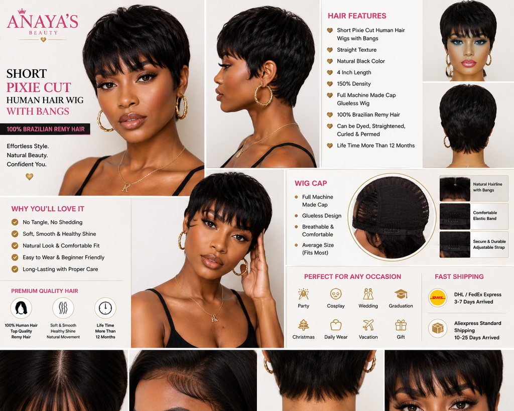Short Straight Bob Pixie Cut Human Hair Wig