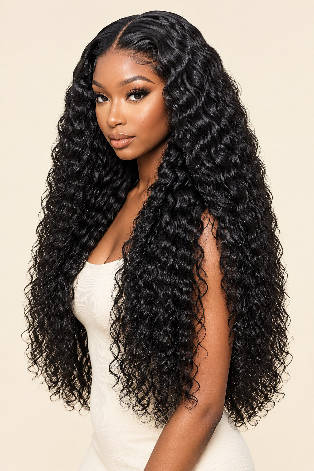 Three-quarter side profile of the 13x5 natural-color human-hair water-wave middle-part lace-front wig