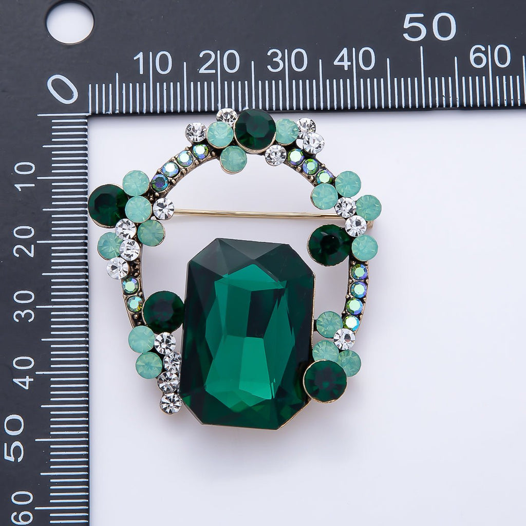 Vintage Gold 45mm Green Rhinestone Cluster Open Oval Pin Brooch | BH-00185