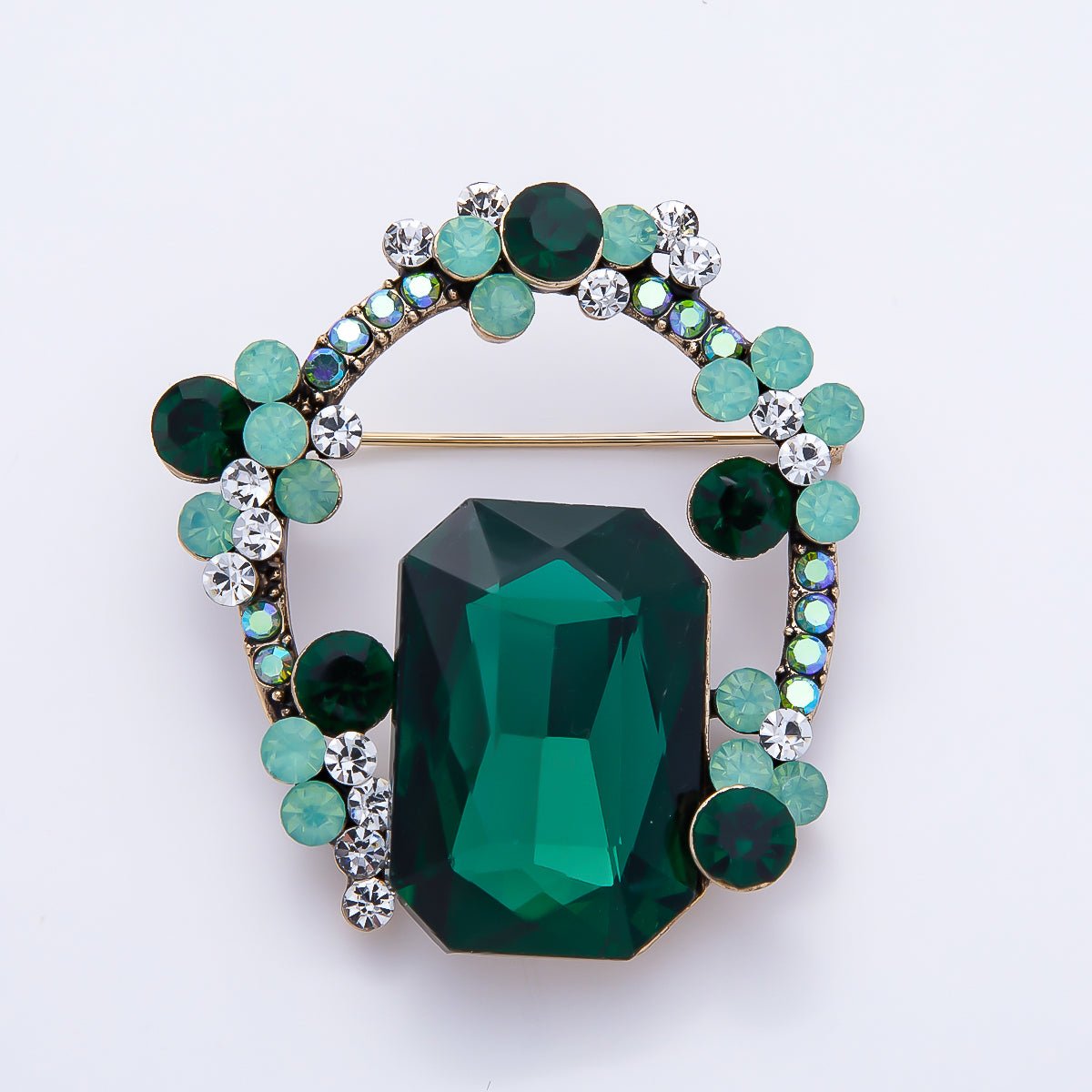 Vintage Gold 45mm Green Rhinestone Cluster Open Oval Pin Brooch | BH-00185